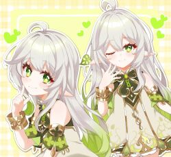 1girl ;) ahoge alternate_hair_length alternate_hairstyle bare_shoulders blush bracelet closed_mouth commentary_request detached_sleeves dress fingernails genshin_impact gold_trim gradient_hair green_eyes green_hair green_sleeves hair_between_eyes hair_ornament hand_up heart highres jewelry leaf_hair_ornament long_hair moco_(moco_8854) multicolored_hair multiple_views nahida_(genshin_impact) one_eye_closed pointy_ears sleeveless sleeveless_dress smile star-shaped_pupils star_(symbol) symbol-shaped_pupils very_long_hair white_dress white_hair