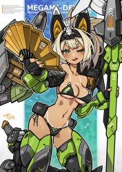 1girl armored_boots bikini black_bikini blonde_hair boots breasts fingerless_gloves gloves green_eyes hand_fan high_ponytail highres holding holding_weapon licking_lips looking_at_viewer mecha_musume mechanical_ears medium_breasts medium_hair megami_device nancou_(nankou) navel one_eye_closed ponytail solo standing strapless strapless_bikini swimsuit tan tanline tongue tongue_out weapon
