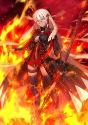 1girl ahoge armored_boots black_boots black_bow black_coat black_sleeves blunt_ends boots bow breasts cleavage closed_mouth clothing_cutout coat dark-skinned_female dark_skin dress embers fate/grand_order fate_(series) feet_out_of_frame fiery_background fire floating_hair grey_eyes hair_between_eyes hair_bow hair_ornament high_collar holding holding_sword holding_weapon huge_weapon jewelry katana long_coat long_hair long_sleeves looking_at_viewer medium_breasts official_art okita_souji_(fate) okita_souji_alter_(fate) okita_souji_alter_(second_ascension)_(fate) open_clothes open_coat orange_background red_dress rengoku_(sword)_(fate) sheath sheathed short_dress sidelocks solo standing sword takeuchi_takashi tassel thigh_boots thighlet third-party_source three-quarter_sleeves underboob_cutout v-shaped_eyebrows variant_set weapon white_hair