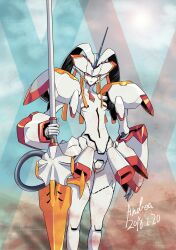 1girl absurdres andrea21 android armor blue_horns darling_in_the_franxx highres horns lance mecha necktie orange_eyes orange_necktie polearm robot robot_girl shoulder_armor single_horn skirt solo strelizia weapon
