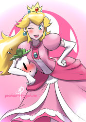 1girl ;) blonde_hair blue_eyes blush crown dress earrings elbow_gloves female_focus gloves hand_on_own_hip jewelry leaning_forward lips long_hair mario_(series) nintendo one_eye_closed pantyhose pink_dress polarityplus princess_peach puffy_short_sleeves puffy_sleeves short_sleeves smile solo super_mario_bros._2 super_smash_bros. turnip white_gloves
