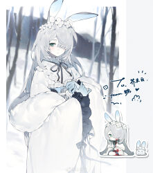 1girl absurdres animal_ears artist_name bare_tree blood blood_on_clothes blood_on_face blue_hands blue_sash blurry blurry_background borrowed_character chibi chibi_inset closed_mouth colored_extremities commentary_request creature day depth_of_field fingernails flower_wreath frilled_sash frilled_sleeves frills furisode gift_art green_eyes grey_ribbon hair_over_one_eye hands_up head_wreath heart highres japanese_clothes kimono long_hair looking_to_the_side neck_ribbon notice_lines obi obijime one_eye_covered original outdoors outline pom_pom_(clothes) rabbit_ears rabbit_girl ribbon ribbon-trimmed_sleeves ribbon_trim sash seiza shanyu_ming sharp_fingernails shawl sitting sky snow snowing standing straight_hair tree watermark weibo_watermark white_hair white_kimono white_outline white_shawl white_sky white_theme wide_sleeves winter