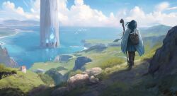 1girl art_of_papayou backpack bag bird blue_hair blue_skirt boots cloud cloudy_sky commentary english_commentary facing_away fantasy grass highres hill holding holding_staff horizon long_hair low-braided_long_hair low-tied_long_hair mage_staff ocean original outdoors path road rock scenery seagull skirt sky solo staff tower walking water