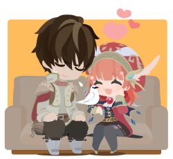 Rule 34 | 01 (zeroichi srl), 1boy, 1girl, ^ ^, atelier (series), atelier lulua, bird, black dress, black pants, black pantyhose, boots, border, brown hair, chibi, chibi only, closed eyes, coat, couch, dove, dress, flying sweatdrops, full body, grey jacket, hand on own cheek, hand on own face, hand up, hands on own knees, hat, heart, jacket, long hair, long sleeves, no lineart, on couch, open mouth, orange background, outside border, pants, pantyhose, pink coat, pink hat, rorolina frixell, short hair, sitting, smile, sterkenburg cranach, sweatdrop, white border