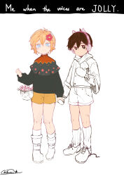 2boys alternate_costume basil_(faraway)_(omori) basil_(omori) basket black_eyes black_hair blonde_hair blue_eyes bright_pupils earmuffs flower hair_flower hair_ornament highres holding_hands long_sleeves male_focus mittens multiple_boys omori psychokokuon scarf shoes short_hair shorts sneakers socks sunny_(omori) unfinished white_pupils