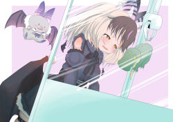 1girl absurdres animal animal_ears bat_(animal) bat_ears bat_girl bat_wings belt black_dress bow bowtie brown_eyes brown_hair brown_long-eared_bat_(kemono_friends) crane_game dress earrings extra_ears glasses grey_hair highres jewelry kemono_friends kemono_friends_v_project long_hair multicolored_hair nekomar_nknk poporu_(kemono_friends) skirt sleeveless streaked_hair stuffed_toy virtual_youtuber wings yellow_eyes