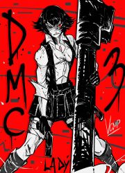 Rule 34 | 1girl, bandage on leg, black hair, collared jacket, copyright name, devil may cry, devil may cry (series), devil may cry 3, domesticvamp, gun, handgun, highres, holding, holding gun, holding weapon, jacket, jewelry, kalina ann (weapon), lady (devil may cry), necklace, red background, rocket launcher, shirt, short hair, signature, weapon, white shirt