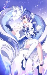 1girl :3 absurdres blue_hair blurry bokeh commentary crystal_hair_ornament depth_of_field dress frilled_skirt frills full_body gloves hair_between_eyes hair_ornament hatsune_miku highres long_hair low_drills multicolored_hair open_mouth pina710 pleated_skirt purple_dress purple_eyes purple_gloves purple_hair purple_shoes rabbit_yukine shoes single_thighhigh skirt snowflake_hair_ornament snowflake_print solo streaked_hair striped_clothes striped_thighhighs thighhighs tongue twintails twitter_username very_long_hair vocaloid white_hair white_thighhighs yuki_miku yuki_miku_(2025)