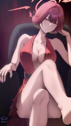 1girl absurdres aifankuendefeng alternate_costume alternate_hair_length alternate_hairstyle aru_(blue_archive) bare_arms bare_shoulders barefoot blue_archive blunt_bangs breasts cleavage closed_mouth crossed_legs demon_girl demon_horns dress hair_between_eyes highres horns large_breasts looking_at_viewer on_chair red_dress red_hair short_hair sidelocks sitting sleeveless sleeveless_dress solo yellow_eyes