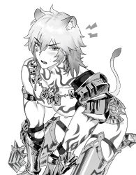 Rule 34 | 1boy, 35684187031, animal ear fluff, animal ears, armlet, armor, blush, body markings, braid, commentary request, earrings, facial mark, fang, faulds, gauntlets, greaves, highres, honkai: star rail, honkai (series), jewelry, kemonomimi mode, kneeling, korean commentary, lion boy, lion ears, lion tail, looking to the side, male focus, medium hair, mydei (honkai: star rail), necklace, nipples, open mouth, pauldrons, pectorals, piercing, shoulder armor, side braid, simple background, single braid, single pauldron, slit pupils, solo, tail, tongue, white background