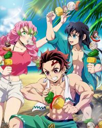1girl 2boys aqua_eyes aqua_hair aqua_hoodie aqua_male_swimwear beach black_hair blue_male_swimwear blush braid breasts crop_top earrings food gradient_hair green_eyes green_hair hana_ni_nare highres holding holding_food hood hooded_jacket hoodie jacket jewelry kamado_tanjirou kanroji_mitsuri kimetsu_no_yaiba long_hair long_sleeves male_swimwear midriff mole mole_under_eye mouth_hold multicolored_hair multiple_boys muscular muscular_male navel ocean open_mouth pink_hair pink_shirt red_eyes red_hair scar scar_on_chest scar_on_face scar_on_forehead shirt short_hair shorts swimsuit teeth tokitou_muichirou topless_male twin_braids two-tone_hair white_shorts