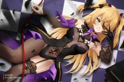 1girl black_dress black_garter_straps black_gloves black_nails black_panties black_pantyhose black_thighhighs blonde_hair breasts checkered_floor chuunibyou commentary_request commission dress elbow_gloves eyepatch falling_feathers feathers fischl_(genshin_impact) garter_straps genshin_impact gloves green_eyes highres long_hair looking_at_viewer lying medium_breasts on_back on_floor panties pantyhose single_glove single_leg_pantyhose single_sleeve single_thighhigh skeb_commission smile solo thighhighs twitter_username two_side_up underwear xkzan
