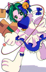 1girl animal_hat apron bell blue_dress blush_stickers box cable cat_hat chromatic_aberration commentary dejiko di_gi_charat dot_nose dress green_eyes green_hair hat highres holding holding_box jingle_bell looking_at_viewer minini_(@mofumofu_alien) mittens open_mouth puffy_short_sleeves puffy_sleeves short_hair short_sleeves simple_background solo walking white_apron white_background white_mittens