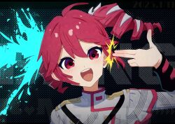 1girl ahoge belt black_background black_belt black_sleeve_cuffs bow buttons drill_hair fin_gocco finger_gun finger_gun_to_head grey_jacket hair_between_eyes hair_bow hair_ribbon hand_up highres jacket kasane_teto kasane_teto_(sv) layered_sleeves long_sleeves open_mouth red_eyes red_trim ribbon shoulder_belt shoulder_boards solo striped_clothes striped_jacket synthesizer_v teeth tongue twin_drills upper_body upper_teeth_only utau white_bow white_ribbon