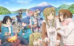 6+girls absurdres akiyama_mio black_eyes black_hair blonde_hair blue_hair brown_eyes brown_hair campfire cellphone chikuwa_(yurucamp) chopsticks closed_eyes coat company_connection crossover dog fang fire food green_eyes guitar hair_bun hairband highres hirasawa_yui ho-kago_tea_time instrument inuyama_akari inuyama_aoi jacket k-on! kagamihara_nadeshiko knife kotobuki_tsumugi kounotori_(501465) lake long_hair long_sleeves mount_fuji multiple_girls nakano_azusa oogaki_chiaki phone pinecone pink_hair purple_eyes saitou_ena scarf selfie shima_rin short_hair siblings sisters smartphone sweatdrop tainaka_ritsu winter_clothes winter_coat yurucamp
