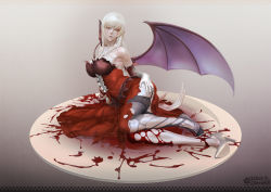 1girl 3d armpits bare_shoulders bat_wings black_thighhighs blonde_hair blood blood_on_clothes bloody_tears breasts dress elbow_gloves fangs female_focus full_body gloves hair_ribbon high_heels highres kiss-shot_acerola-orion_heart-under-blade kizumonogatari large_breasts leslyzerosix lips long_hair monogatari_(series) oshino_shinobu parted_lips pointy_ears red_dress ribbon shoes single_shoe solo strapless thighhighs torn_clothes torn_thighhighs vampire very_long_hair white_gloves white_shoes wings yellow_eyes