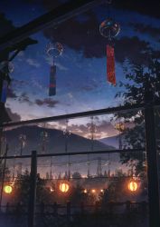 city_lights cloud cola_(gotouryouta) commentary_request fence highres hook lantern mountain night night_sky no_humans original outdoors power_lines scenery sky star_(sky) starry_sky town transmission_tower tree wind_chime wind_chime_focus wooden_fence