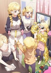 5girls absurdres apron black_shirt blonde_hair braid faceless faceless_female fujita_kotone fujita_kotone&#039;s_sister gakuen_idolmaster highres idolmaster indoors kneehighs long_sleeves looking_at_another mittens multiple_girls open_mouth pink_mittens shirt siblings sisters smile socks sunglasses twin_braids white_apron white_socks yukie_(kusaka_shi)