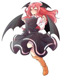 1girl alphes_(style) bat_wings black_dress black_vest black_wings blush boots breasts closed_eyes closed_mouth collared_shirt commentary_request dairi dress full_body head_wings koakuma large_variant_set leg_up long_hair long_sleeves medium_breasts midriff necktie orange_boots parody red_hair red_necktie shirt solo style_parody sweatdrop touhou transparent_background variant_set vest white_shirt wings