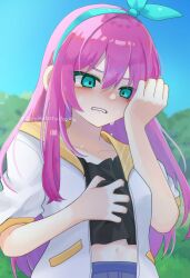 1girl artist_name aubrey_(faraway)_(omori) aubrey_(omori) blue_eyes blue_hairband blue_sky blurry blurry_background collarbone crop_top crying crying_with_eyes_open day hairband highres jacket long_hair navel omori outdoors parted_lips pink_hair short_sleeves sirokuronodoame sky solo tears upper_body white_jacket