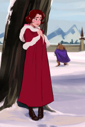 Rule 34 | 2boys, absurdres, back, beast (disney), beauty and the beast (disney), belle (disney), black footwear, blush, boots, bow, brown fur, brown hair, cape, capelet, cloak, disney, fur-trimmed capelet, fur-trimmed cloak, fur trim, genderswap, genderswap (ftm), hair bow, half-closed eyes, hiding, highres, hood, hood down, hooded cloak, looking at another, low ponytail, multiple boys, outdoors, pink bow, ponytail, purple cape, red cloak, ripushko, smile, smirk, smug, snow, standing, sultry eyes, trap, tree