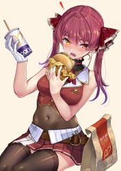 Rule 34 | !, 1girl, akasaai, bag, bare shoulders, belt, black choker, blush, breasts, brown belt, brown leotard, brown thighhighs, burger, choker, covered navel, cup, disposable cup, drinking straw, food, gloves, gradient hair, hair ribbon, heterochromia, highres, holding, holding burger, holding cup, holding food, hololive, houshou marine, houshou marine (1st costume), large breasts, leotard, long hair, looking at viewer, mcdonald&#039;s, multicolored hair, open mouth, paper, paper bag, red eyes, red hair, red ribbon, red skirt, red vest, revision, ribbon, simple background, sitting, skirt, solo, sweat, teeth, thighhighs, thighs, vest, virtual youtuber, white background, white gloves, yellow eyes