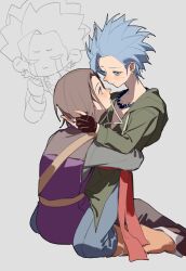 2boys bead_necklace beads blue_eyes blue_hair blue_pants blush brown_hair camus_(dq11) chibi chibi_inset collarbone dragon_quest dragon_quest_xi ear_blush earrings eye_contact fifibird fingerless_gloves gloves green_tunic grey_background hashtag-only_commentary hero_(dq11) highres hooded_tunic jewelry looking_at_another male_focus medium_hair multiple_boys necklace pants sexually_suggestive shirt short_hair sleeveless sleeveless_jacket spiked_hair straddling sweat tunic upright_straddle yaoi