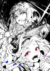 2girls :d absurdres arknights blue_nails blush bullet_hole greyscale gun hand_up handgun hatching_(texture) highres holding holding_gun holding_weapon irene_(arknights) linear_hatching long_bangs long_hair looking_at_viewer monochrome multiple_girls nail_polish open_mouth outstretched_arm reaching reaching_towards_viewer red_eyes revolver scar scar_across_eye scar_on_face sidelocks sideways_glance smile sparkle specter_(arknights) spot_color su_reut teeth upper_teeth_only weapon