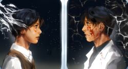 Rule 34 | 2boys, :|, black eyes, black hair, black shirt, blood, blood on face, brown vest, closed mouth, coat, collared shirt, dual persona, from side, injury, kim dokja, looking at another, macaronijail, male focus, multiple boys, oldest dream, omniscient reader&#039;s viewpoint, open mouth, shirt, short hair, sky, smoke, split screen, star (sky), starry sky, upper body, vest, white coat, white shirt