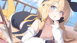 1girl absurdres arm_support ass bandana black_bandana black_gloves blonde_hair blue_eyes blue_jacket blush bow breasts buttons cloud collarbone cropped_jacket deep-sea_scout_(shadowverse) double-parted_bangs gloves hair_between_eyes hair_ornament highres ichien_ekaki jacket long_hair long_sleeves looking_at_viewer low_ponytail lying mast midriff nipples on_stomach open_clothes open_jacket open_mouth outdoors pantyhose pirate pirate_ship polearm ponytail railing raised_eyebrows ribbon shadowverse ship shirt skull_hair_ornament small_breasts solo spear striped_clothes striped_pantyhose surprised vertical-striped_clothes vertical-striped_pantyhose watercraft weapon white_shirt yellow_bow yellow_pantyhose yellow_ribbon