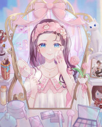 absurdres applying_makeup artist_request blue_eyes blush bracelet brown_hair character_doll earrings hana_macchia highres jewelry long_hair looking_at_mirror makeup_brush mirror necklace nijisanji nijisanji_id second-party_source smile virtual_youtuber