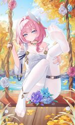 Rule 34 | 1girl, absurdres, bare shoulders, blue eyes, blue sky, breasts, commentary request, cyrene (honkai: star rail), dress, feet, flower censor, hair ornament, highres, honkai: star rail, honkai (series), jndfh, lake, leg up, looking at viewer, medium hair, multicolored hair, on swing, outdoors, pantyhose, pink hair, revision, sky, small breasts, smile, soles, solo, swing, swing set, thigh strap, thighs, toes, two-tone hair, variant set, water, white dress, white hair, white pantyhose, wooden floor
