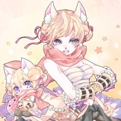 1girl animal_ear_fluff animal_ears bell belt black_gloves black_pants blonde_hair blush breasts championship_belt chest_sarashi chibi chibi_inset commentary_request cowboy_shot flame_print fox_ears fox_girl full_body gauntlets gloves hair_bell hair_ornament hair_ribbon hotate_(pixiv11131971) jingle_bell looking_at_viewer medium_breasts orange_scarf pants purple_eyes ragnarok_online red_ribbon ribbon sarashi scarf shirt short_hair star_(symbol) sura_(ragnarok_online) white_shirt