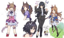 6+girls ahoge animal_ears armband arms_at_sides arrow_(symbol) asymmetrical_footwear beamed_eighth_notes belt belt_buckle bitter_glasse_(umamusume) black_hair black_jacket black_legwear black_pants blue_eyes blush brown_eyes brown_hair buckle center_frills chibi chibi_inset clenched_hands collared_shirt cropped_legs cropped_torso dress earrings eighth_note eishin_flash_(umamusume) frilled_thigh_strap frills from_side garter_straps grass_wonder_(umamusume) hair_ornament hair_ribbon hair_scrunchie highres holding horse_ears horse_girl horse_tail jacket jewelry kashimoto_riko little_cocon_(umamusume) long_hair long_sleeves looking_at_viewer mismatched_footwear multiple_girls musical_note neck_ribbon open_clothes open_jacket open_mouth pants parted_lips pink_skirt puffy_sleeves ribbon sailor_collar school_uniform scrunchie shirt shirt_tucked_in short_hair simple_background skirt smart_falcon_(umamusume) speech_bubble standing suit_jacket suspender_skirt suspenders sweat tail teshima_nari thigh_strap thought_bubble tosen_jordan_(umamusume) tracen_school_uniform translation_request two_side_up umamusume upper_body white_background white_dress yellow_eyes