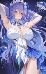 1girl :q absurdres armpits arms_behind_head arms_up blue_eyes blue_flower blush breasts cameltoe cantarella_(wuthering_waves) closed_mouth commentary cowboy_shot detached_sleeves dress facial_mark flower hair_between_eyes hair_flower hair_ornament headdress highres jellyfish large_breasts long_hair looking_at_viewer lunacle mark_under_eye mole mole_under_eye paid_reward_available panties purple_hair shrug_(clothing) smile solo thigh_gap tongue tongue_out underwear very_long_hair white_dress white_panties white_shrug white_sleeves wuthering_waves