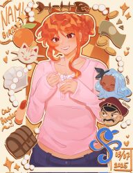 Rule 34 | 1boy, 2girls, banknote, beads, birthday, black hairband, blue hair, blue pants, blush, bow hairband, brown eyes, brown hat, cat, character name, chiatton, coin, commentary, cowboy shot, cropped head, dark-skinned female, dark skin, dated, denim, english commentary, facial hair, food, fruit, genzo (one piece), gold coin, hair bun, hairband, hat, heart, highres, jeans, jewelry, long hair, looking at viewer, mandarin orange, money, multiple girls, mustache, nami (one piece), necklace, nojiko (one piece), one piece, open mouth, orange hair, pants, parted lips, pink shirt, scar, scar on face, shirt, siblings, single sidelock, sisters, sleeves past wrists, smile, treasure chest, wavy hair