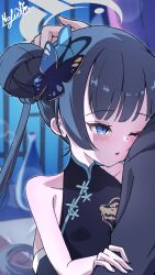 Rule 34 | 1girl, 1other, absurdres, black dress, black hair, black jacket, blue archive, blue eyes, blush, breasts, butterfly hair ornament, china, collarbone, commentary request, dress, grey halo, hair bun, hair ornament, halo, headpat, highres, hug, jacket, kisaki (blue archive), long hair, one eye closed, open mouth, shirt, sidelocks, signature, sleeveless, sleeveless dress, small breasts, solo focus, tearing up, twintails, upper body, vtitalianlion46, white shirt