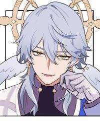 Rule 34 | 1boy, chinese commentary, commentary request, earrings, feathered wings, gloves, gold earrings, grey hair, hair between eyes, halo, halo behind head, hand on own face, hand up, head wings, highres, honkai: star rail, honkai (series), jewelry, long sleeves, looking at viewer, male focus, open clothes, open mouth, open vest, piercing, purple shirt, shirt, short hair, sidelocks, simple background, smile, solo, sunday (honkai: star rail), teeth, upper body, vest, white background, white gloves, white vest, wing piercing, wings, yellow eyes, yuelinpanp98413