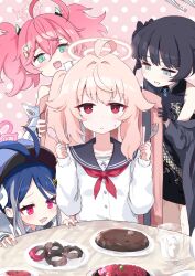 4girls aqua_eyes black_hair blonde_hair blue_archive blue_hair bright_pupils china_dress chinese_clothes dress food fork fubuki_(blue_archive) grey_eyes halo highres holding holding_fork holding_spoon kisaki_(blue_archive) kurosaki_kousuke momoka_(blue_archive) multiple_girls natsu_(blue_archive) open_mouth pink_hair red_eyes shirt spoon sweatdrop upper_body white_pupils white_shirt