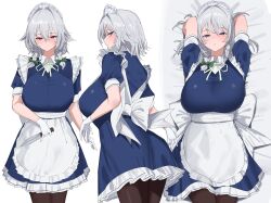 1girl 258n apron arms_behind_head arms_up black_pantyhose blue_dress blue_eyes bow braid breasts dress gloves green_bow grey_hair hair_bow highres holding holding_knife izayoi_sakuya knife large_breasts looking_at_viewer lying maid maid_headdress medium_hair multiple_views neck_ribbon on_back pantyhose puffy_short_sleeves puffy_sleeves ribbon short_sleeves side_braids simple_background touhou waist_apron white_apron white_background white_bow white_gloves white_ribbon