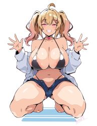 1girl ahoge artist_name bare_shoulders batta_16-sei bikini bikini_under_clothes black_bikini blonde_hair blue_shorts borrowed_character breasts collarbone highleg highleg_bikini highres huge_breasts jacket kneeling off_shoulder original purple_eyes saaya_(kirome) short_shorts shorts simple_background skindentation solo swimsuit twintails white_background white_jacket