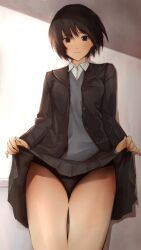 1girl absurdres amagami black_eyes black_hair black_jacket black_panties black_sailor_collar blazer blue_sweater cameltoe closed_mouth clothes_lift collared_shirt commentary_request cowboy_shot crotch_seam eee_mii flashing grey_skirt highres jacket kibito_high_school_uniform lifting_own_clothes long_sleeves looking_at_viewer nanasaki_ai panties pleated_skirt sailor_collar school_uniform shirt short_hair skirt skirt_lift solo sweater thighs underwear white_shirt