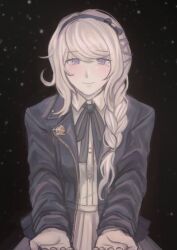 Rule 34 | absurdres, black background, black bow, black ribbon, blush, bow, braid, braided ponytail, eyebrows, eyelashes, highres, jacket, kirifuji nozomi, long hair, looking at viewer, mole, mole under eye, neck ribbon, outstretched arms, outstretched hand, purple eyes, purple jacket, ribbon, simple background, smile, the hundred line -last defense academy-, white background