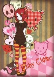 1girl argyle_background artist_name balloon black_choker black_dress black_shoes brown_eyes character_name choker commentary doom_kitty dress english_commentary frown full_body hair_ornament heart heart_hair_ornament highres holding holding_balloon looking_at_viewer mary_janes multicolored_pantyhose open_mouth pantyhose pigeon-toed puffy_short_sleeves puffy_sleeves red_hair red_nails red_pantyhose ruby_gloom ruby_gloom_(character) shoes short_hair short_sleeves skull_hair_ornament solo striped_background striped_clothes striped_pantyhose tamakid torn_clothes torn_dress yellow_pantyhose