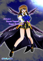 1girl birthday black_skirt blue_eyes blush bouquet brown_hair dated flower full_body hair_ornament happy_birthday highres looking_at_viewer lyrical_nanoha magical_girl mahou_shoujo_lyrical_nanoha_strikers miniskirt open_mouth rappasan05 short_hair skirt sky smile solo x_hair_ornament yagami_hayate