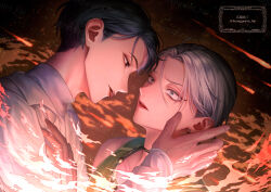 Rule 34 | 2boys, absurdres, alien stage, artist name, black eyes, black hair, commentary request, fire, green eyes, green tank top, grey hair, hand on another&#039;s chest, hand on another&#039;s face, highres, honogurairo hai, ivan (alien stage), male focus, meteor shower, multiple boys, shirt, short hair, tank top, till (alien stage), very short hair, watermark, white shirt