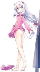 1girl ass bare_legs barefoot blue_eyes blue_hair blush bow cellphone closed_mouth commentary_request contrapposto eromanga_sensei full_body hair_bow highres izumi_sagiri long_hair looking_back matsuuni no_pants pajamas panties phone pink_bow pink_panties revision shorts side-tie_panties simple_background solo standing transparent_background underwear unworn_panties unworn_shorts white_panties
