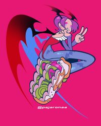 Rule 34 | 1girl, animal print, bat print, bat wings, blue eyes, blue pantyhose, bridal gauntlets, colored shoe soles, darkstalkers, demon girl, demon wings, from side, full body, grin, hand on own chin, hands up, head on hand, head rest, head wings, heart, highleg, highleg leotard, highres, knees up, leotard, lilith (darkstalkers), looking at viewer, multicolored eyes, no sclera, pajaronaa, pantyhose, pink background, pink eyes, print pantyhose, purple hair, purple pantyhose, red leotard, shoe soles, shoes, short hair, smile, sneakers, solo, v, white shoes, wings