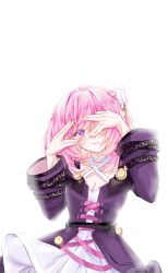 Rule 34 | 1girl, absurdres, ayu9914570, breasts, chinese commentary, cleavage, coat, commentary request, cosplay, cyrene (honkai: star rail), cyrene (honkai: star rail) (cosplay), diamond-shaped pupils, diamond (shape), dress, elysia (herrscher of human: ego) (honkai impact), elysia (honkai impact), hair ornament, highres, honkai: star rail, honkai (series), honkai impact 3rd, inoue marina, medium breasts, pink hair, purple coat, purple eyes, short hair, smile, solo, symbol-shaped pupils, upper body, voice actor connection, white background, white dress, yanning