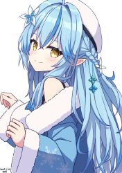 1girl ahoge beret blue_flower blue_hair blue_jacket braid breasts brown_eyes closed_mouth dated flower from_side fur-trimmed_jacket fur-trimmed_sleeves fur_trim hair_flower hair_intakes hair_ornament hat highres hololive jacket kaie large_breasts long_hair long_sleeves looking_at_viewer looking_to_the_side multicolored_hair off_shoulder open_clothes open_jacket shirt signature simple_background smile solo streaked_hair very_long_hair virtual_youtuber white_background white_flower white_hat white_shirt wide_sleeves yukihana_lamy yukihana_lamy_(1st_costume)
